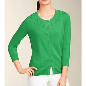 Talbots Womens Cardigan Sweater Green Crochet Inset Detail 3/4 Sleeve - Medium